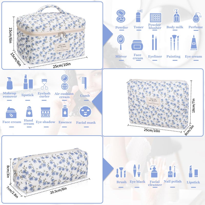Gosect Makeup Bag Set  Quilted Makeup Bag  Large Floral Cosmetic Bag for Women  Cute Cotton Makeup Bags  Flower Travel Toiletry Organizer Bag (Blue Peacock Flower) - Image 2